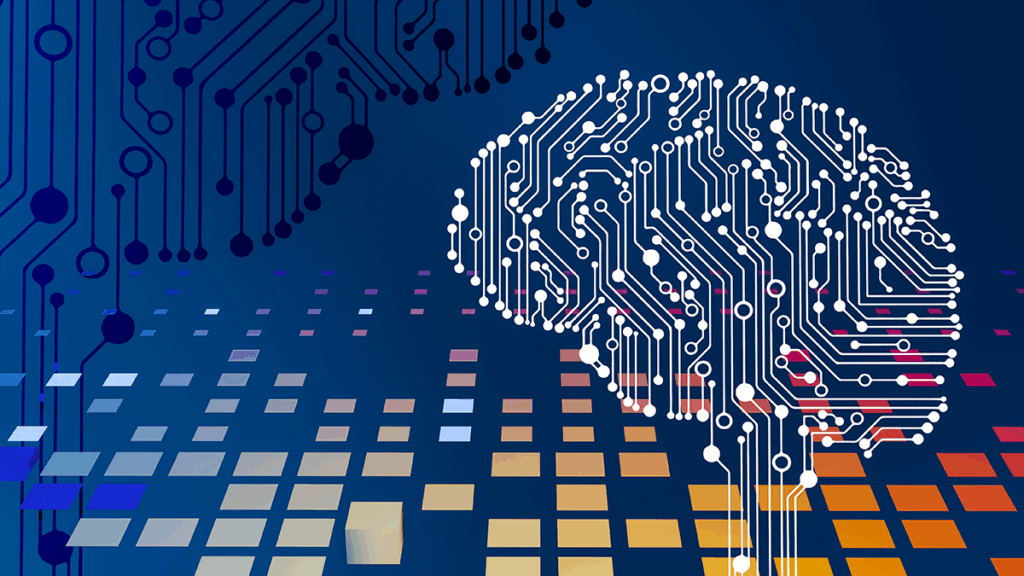 AI for small businesses: digital illustration of a human brain made from white circuit lines on a dark blue background, with colorful pixels representing data and technology.