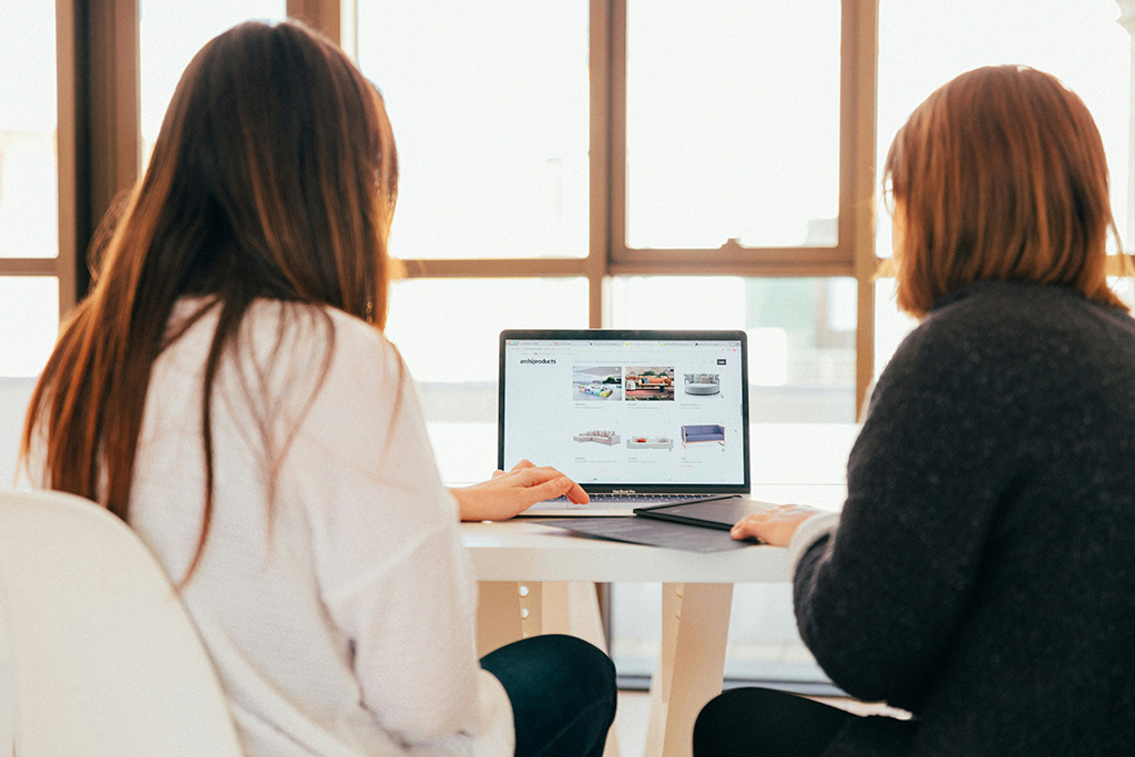 two women from behind sitting in chairs looking at a silver laptop sitting on a table looking at couches on the laptop screen facing a window.