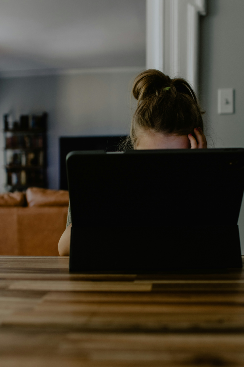 Digital marketing for small businesses can be overwhelming. Picture shows girl hidden behind laptop looking frustrated.